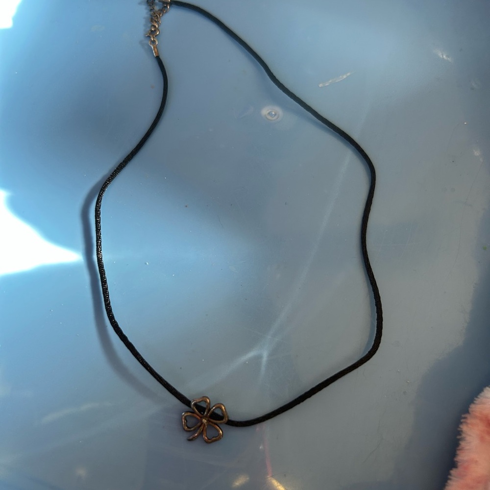 Elegant Black Nylon Cord Necklace with Silver Tone Clover Lucky Charm